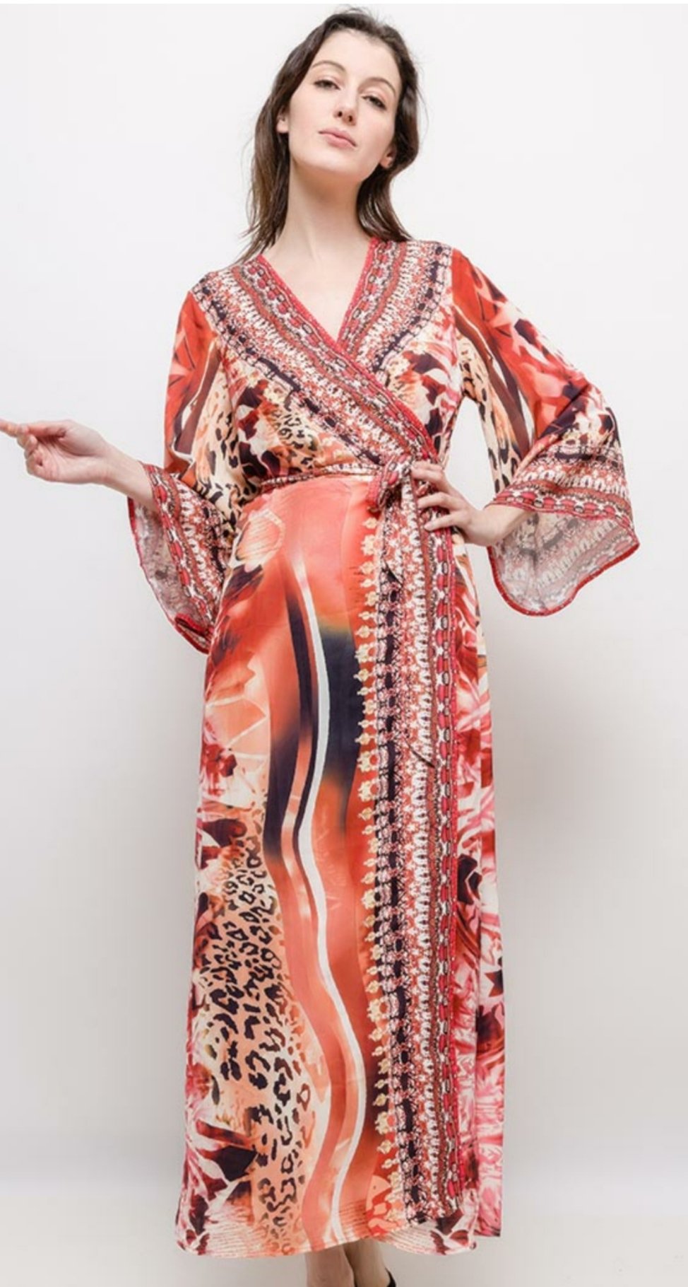 Kimono wrap maxi dress with long ...